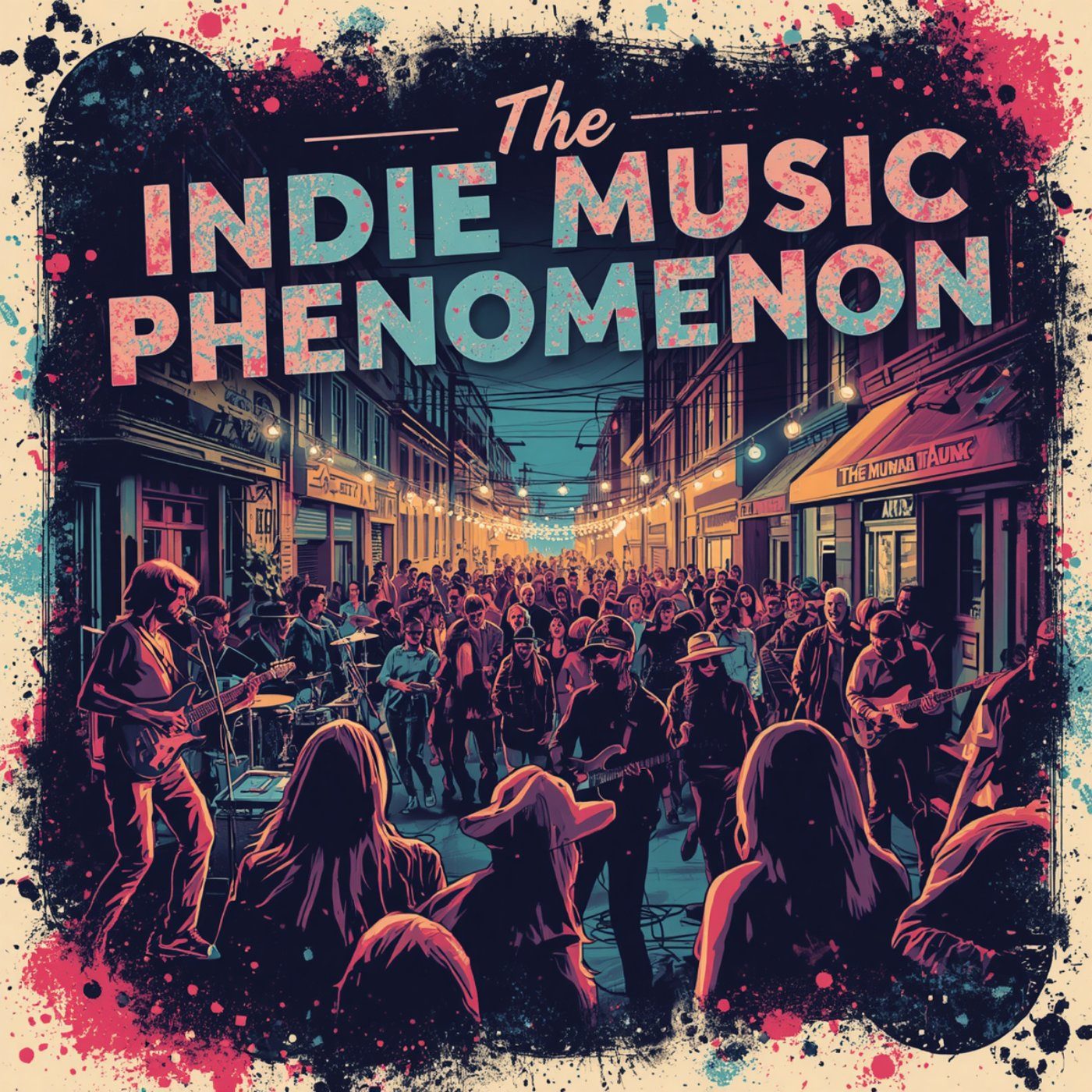 Poster for the Indie Phenomenon, showing a scene of indie musicians coming together at a jam session turned party